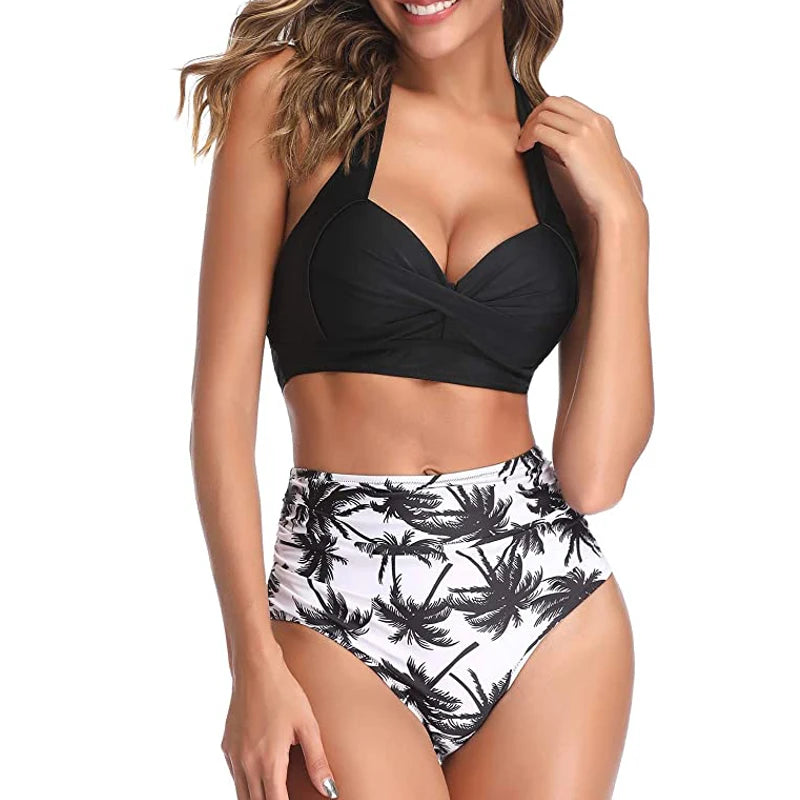 Sexy Padded Push-Up Bra & High Waisted Floral Print Bikini Bottom Women's Swimsuit